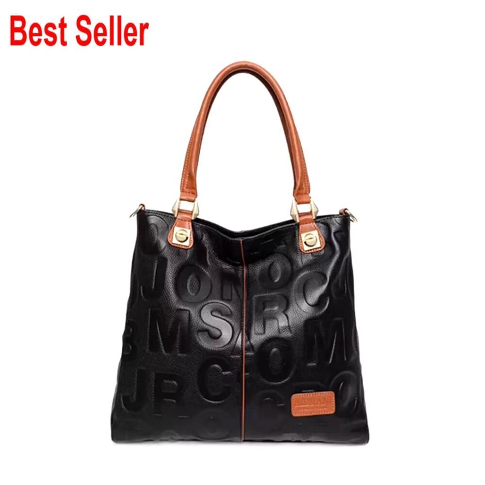 Cowhide Leather Handbag with Detachable Strap Large Capacity Bucket Shoulder Bag